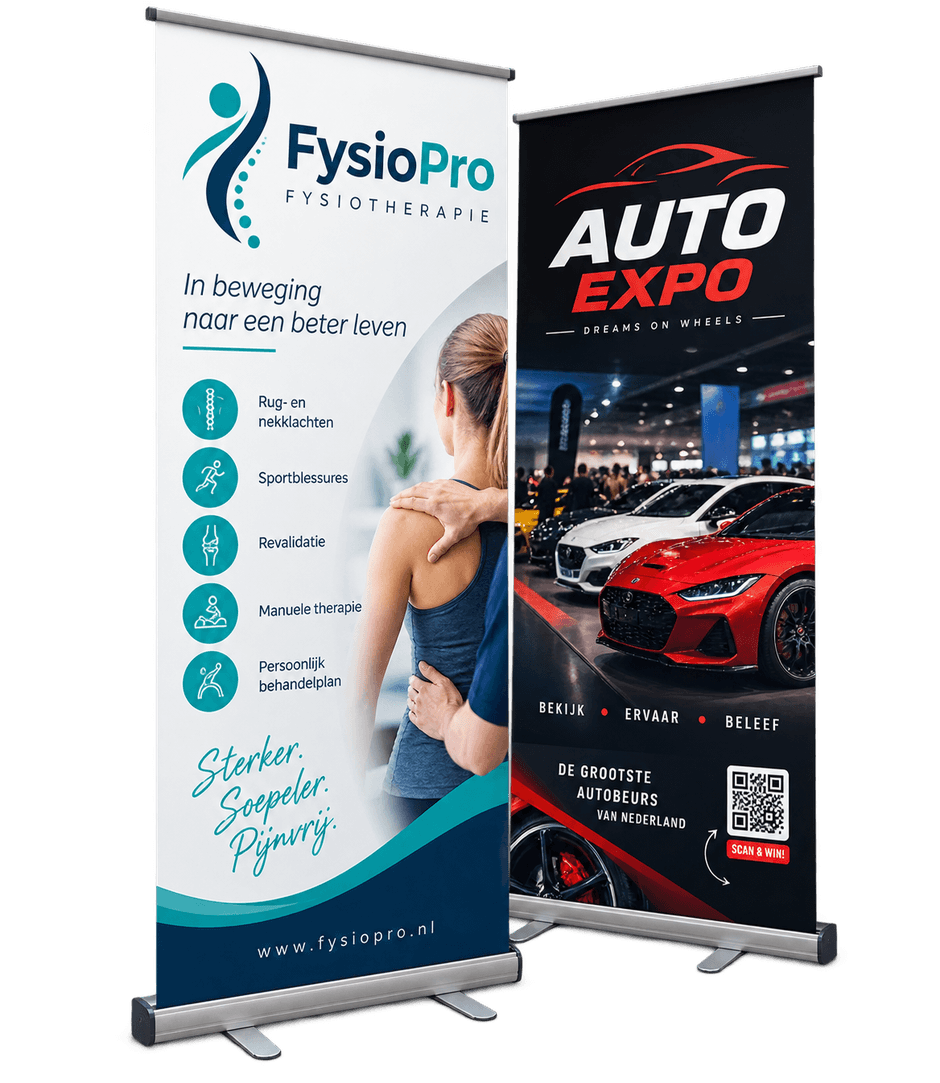 Twee bedrukte roll-up banners: één voor een fysiotherapiepraktijk en één voor een autobeurs